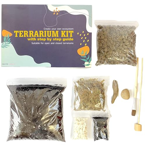 Terrarium DIY Kit for Succulents and Cacti Plants with Step by Step Guide Includes Soil Charcoal Pebbles Sphagnum Moss White Stones Driftwood & Brush (Medium)
