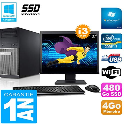 Dell - Ordenador de sobremesa Torre 9020 Core I3-4130 RAM Disco de 4 GB 480 GB SSD WiFi W7 Pantalla 27 Pulgadas (reacondicionado)