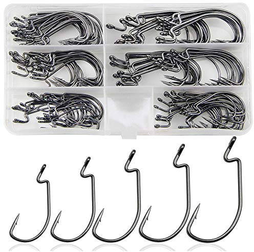 Offsethaken Wurm Angelhaken Set mit Kunststoff-Box,Offset Angeln Haken für Gummiköder Gummifische Jigs Creature Köder, Salzwasser Angelhaken Angelzubehör Kit (120stk/box(1#-5/0))