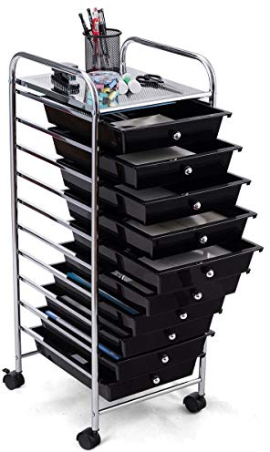 DREAMADE Rollwagen Schublade, Rollschrank Rollcontainer mit Schublade 10 Fächern, Haushaltswagen auf Roll, Badtrolley, Farbewahl, Metall, PP (Schwarz)