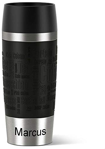 Sterngraf Emsa Isolierbecher MIT Gravur - UNTEN - (z.B. Namen) TRAVEL Mug 360ml Schwarz, 4h heiß/ 8h kalt, 100% dicht, auslaufsicher, Kaffee & Tee Thermo to-go-Becher