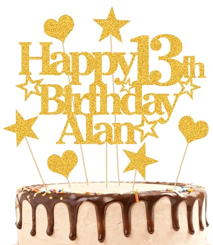 EDSG Personalised Happy Birthday Cake Topper Custom Party Decoration with Any Name Any Age Multicolour Glitter Cake Topper 13th 16th 18th 21st 30th 50th 60th 80th Hand Finished in UK (Gold)
