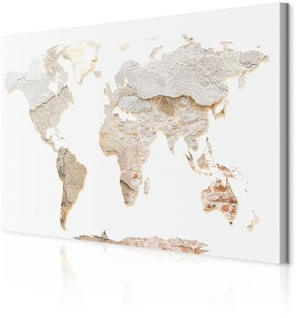 decomonkey Wandbilder Weltkarte 120x80 cm 1 Teilig Leinwandbilder Wanddeko | Strukturleinwand, Holzkeilrahmen, Bild auf Leinwand, Kunstdruck, Wohnzimmer, Wanddekoration, Karte, Landkarte, Stein
