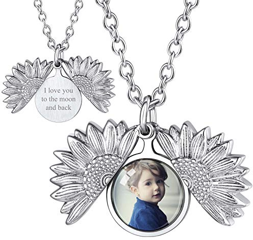 FOCALOOK Damen personalisiert Foto Kette 18k vergoldet Sonnenblume Medaillon zum Öffnen Anhänger für Bilder Namen Gravur Floating Locket Modeschmuck für Valentinstag Muttertag