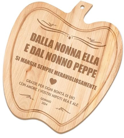 Maverton Tagliere in legno di faggio, incisione personalizzata | Battilardo, a forma di mela, dimensioni 32cm x 28cm, pensiero speciale per la coppia, regalo di Natale, nonna e nonno