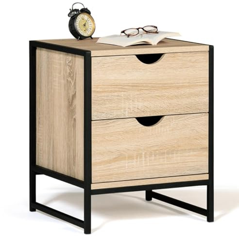 IDMarket - Set aus 2 Nachttischen Detroit 2 Schubladen Holz und Metall schwarz Industriedesign