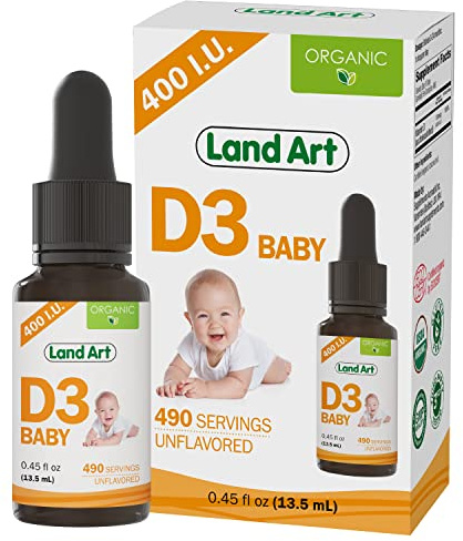Land Art - Certified Organic Vitamin D3 Drops Baby – 400 IU per Drop – 490 Servings – Supports Bone & Teeth Development – Vitamin D Drops for Infants & Toddlers – GMO-Free - Gluten-Free – 0.45 fl oz
