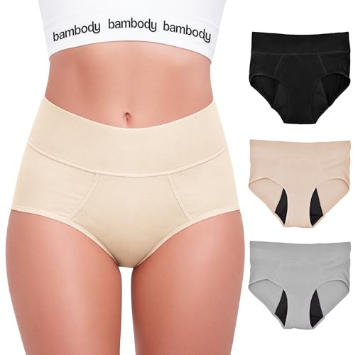 Bambody Period Pants for Women, Period Underwear for Teenage Girls - Leakproof, Absorbent, Comfortable, Breathable (3 Pack: Black - Nude - Gray, XS)