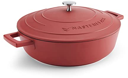 MasterClass Shallow Casserole Dish with Lid, Hob to Oven to Table Casserole Pan, Ultra Lightweight, Optimum Heat Conduction, 4L, Red