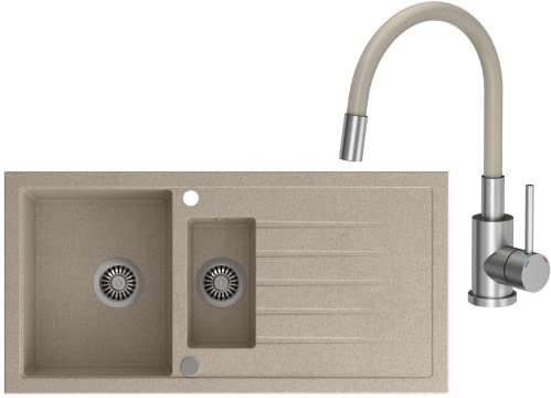 VBChome Spülbecken mit Armatur 100 x 50 cm Einzelbecken Beige Granit Rechteckig Reversibel Einbauspüle Gesprenkelt Großes Tiefes Becken Siphon Armatur