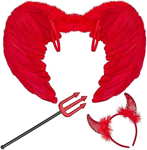 Balinco Costume de Diable pour Halloween - Oreilles, Trident, Ailes, Cornes Rouges - Tenue de Carnaval