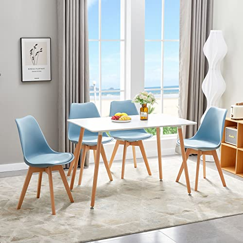 FURNITABLE Esszimmergruppe Esstisch mit 4 Stühlen Essgruppen, Rechteckig 110cm Küchentisch-Set und 4er Set Esszimmerstühle für Wohnzimmer Küche Büro (Weiß Tisch+4 Lichtblau Stühle)