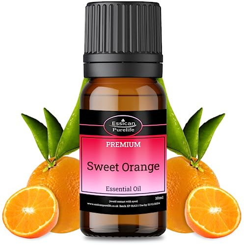 Essican Purelife Sweet Orange Essential Oils for Skin, Glass Bottle 10ml | Pure Essential Oils, Stress Relief, Mood Lifting, Massage, Humidifier, Aromatherapy Oil, Fresh Scent, Skin Care