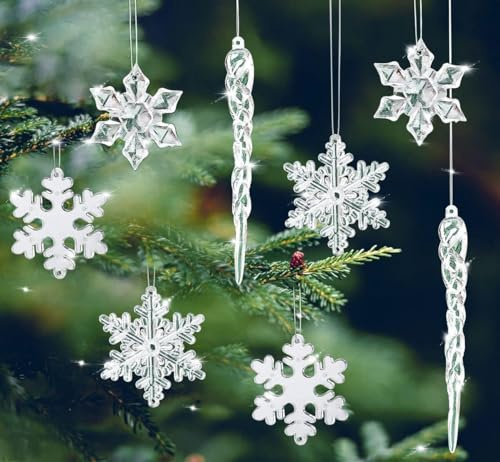 24 Stück Eiszapfen Schneeflocken Weihnachtsdeko Transparentes Acryl Christbaumschmuck Weihnachtsanhänger DIY Winter Dekoration Schneeflocken Deko für Weihnachten Party Hochzeit