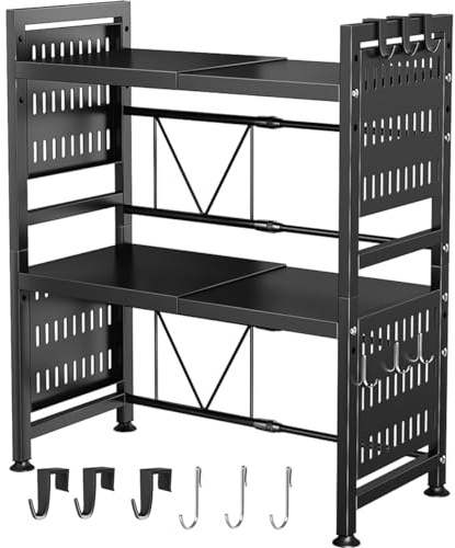 LUCKY KVW Microwave Shelf, Expandable Microwave Oven Rack, Microwave Stand, Upgraded Adjustable Shelf with Hooks Duty Extendable 3-Tier Shelf for Kitchen Shelves Counter Top Organizer