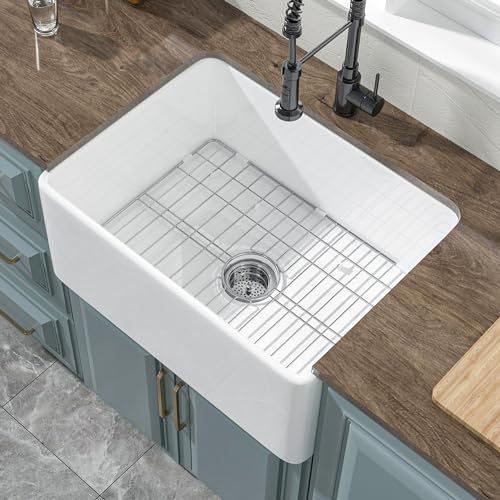 HOMLYLINK Kleine Bauernhaus-Spüle, 61 x 45,7 cm, Feuerwehrschürze, Bauernhofspüle, robuste kleine Einzelschüssel, mit Zubehör 2 Arten, Unterbau, reinweiß, für Küche