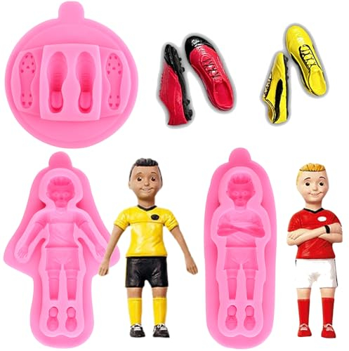 RFGHAC Fußball-Thema Fondant Formen Fußballer Silikonform Fußballschuhe Form für Kuchen Dekorieren Cupcake Topper Schokolade Süßigkeiten Polymer Clay Gummipaste Set von 3