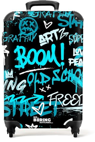 NoBoringSuitcases© Handgepäck Koffer, Reisekoffer, Reisetasche mit Rollen, | 55x40x20 cm - Hartschalenkoffer, Trolley Handgepäck, Koffer Handgepäck, Trolley, Handgepäck (Blaues Graffiti - Schwarz)
