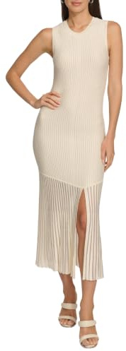 DKNY Vestido Maxi de Punto Acanalado sin Mangas Informal Nocturno, Eggnog, L para Mujer