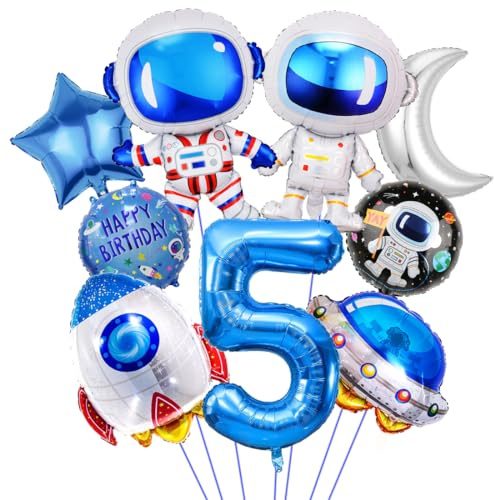 Weltraum Geburtstag Deko 5 Jahre, Rakete Astronauten Folienballon, Geburtstagsdeko 5. Junge, Runde Astronaut Helium Ballon, Raumschiff Luftballons für Jungen Kinder Geburtstag Universum Motto Party