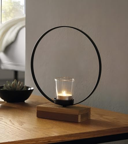 Windlicht Ringe aus Metall, schwarz, mit Sockel aus recyceltem Holz, 1 oder 3 Teelichtgläser, Teelichthalter, Windlicht-Glas, Deko-Objekt modern (20x7x23 cm)