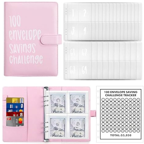 AMONENZ Rosa Sparchallenge Budgetplaner, Budgetplaner A5, Kunstleder Budget Binder, Geld Sparen Challenge mit 100 Umschlägen, für Haus, Schule, Büro