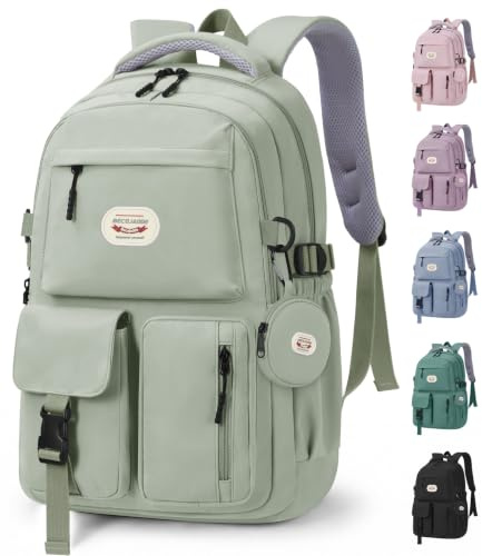 BECOJADDE Backpack School Bag for Women and Girls, 15.6 Laptop, Green 25L | Lightweight rucksack, Water-resistant, Padded shoulder strap, Detachable coin purse, Anti-theft pocket, College, Work, Travel