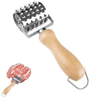 MYLERCT Ablandador de Carne 21 cm Acero Inoxidable Tipo Rodillo Ablandador de Carne, Ablandador para Carne Manual con Mango Madera, Ablandador de Carne Madera para Procesar Carnes como Filetes
