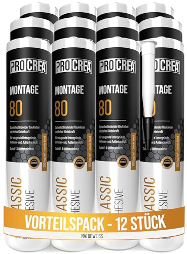 PROCREA® 12x Montagekleber Montage 80 [Extra stark bis 100 kg/qm] Schnellhärtender weißer Baukleber für Styropor, Akustikpaneele, Sockelleisten, Holz, Stein, Fliesen uvm. - schleif- & überstreichbar
