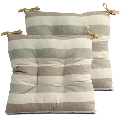 TIENDA EURASIA – Pack de 2 Cojines para Asiento de Exterior | Rayas Beige, Crudo y Gris Claro | 50% Algodón 50% Poliéster | 40x40x8 cm | Funda de Tela Lavable | Cremallera | Relleno de Fibra Acolchada