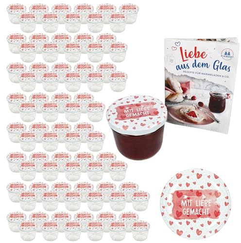 MamboCat 100er Set Sturzglas 230 ml mit Schraub-Deckel Mit Liebe gemacht I Einmachgläser + TO 82 Deckel mit Diamant-Zucker-Rezept I Vorratsgläser einkochen & konservieren