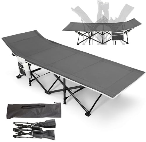 Warmiehomy Folding Camp Cot for Adults with Side Pocket, Grey | Double Layer 1200D+600D Oxford Cloth Fold out Bed with Carry Bags, Oversized Portable Travel Bed for Hiking Truck Beach Nap