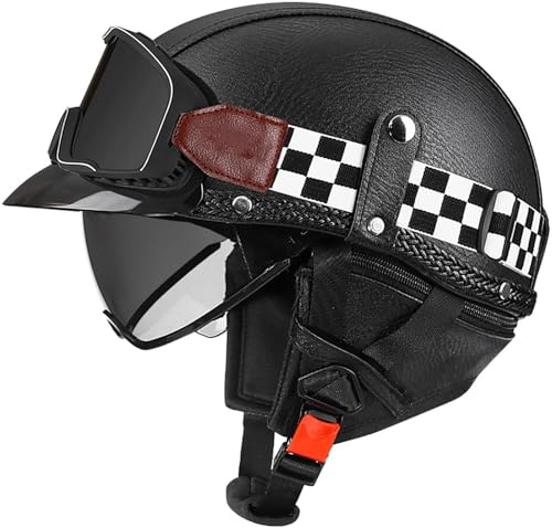 Retrò Portatile Jet Casco Scodella Mezzo Casco Da Motociclista DOT/ECE Omologato Sicurezza Estivo Mezzo Casco Casco Elicottero Da Pilota Chopper Vintage Per Donna E Uomo Adulto 2,XXL=63-64CM