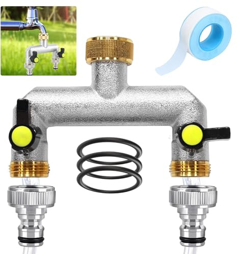 SI SEN 2 Wege Verteiler Wasser 3/4 Zoll, Wasserhahn Wasserverteiler mit Kugelhahn, Wasseranschluss Adapter, für gleichzeitigen Anschluss von Zwei Geräten