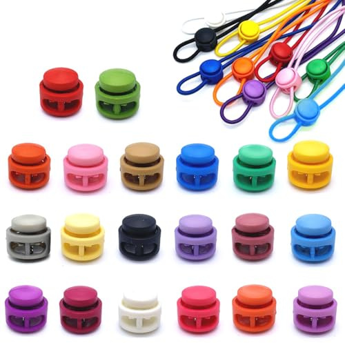 XENQITO 20 Stück Kordelstopper, 2-Loch Schlösser für Kordel, Kunststoff-Kordel Verschlüsse, Kordelklemme für Kordelzug-Taschen, Kleidung, Rucksäcke (20 Farben)