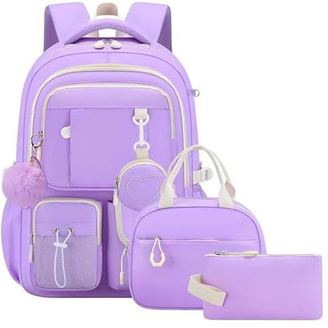 Amythe Zaino Scuola Elementare Bambina 3 Pezzi, Set Zaini Ragazza Set 7-12 anni con Sacchetto per Pranzo e Astuccio per Matite, Viola