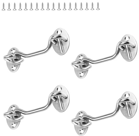 LNSYSNS Pack of 4 Storm Hooks with Eyelet, 75 mm Door Lock Hook, Silver Vintage Stainless Steel Storm Hook, with 16 Screws for Locking Windows, Garage Doors and Shed Doors, High Quality