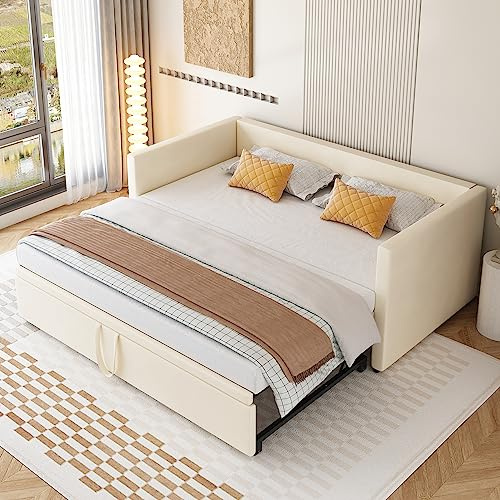 RIAZOS Polsterbett Ausziehbares Schlafsofa 90/180 x 200 cm, Einzelbett/Doppelbett, Daybett Tagesbett Gästebett, Samt, ohne Matratze, Beige