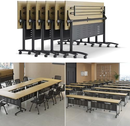 Mesa de conferencia plegable (paquete de 6) con ruedas silenciosas, moderna mesa rodante para conferencias, aulas, recepción, 160 cm de profundidad x 59 cm de ancho x 75 cm de alto, mesa mod
