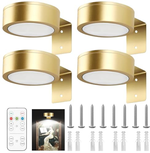 4Pack Bild Licht Batterie Betrieben mit Fernbedienung, Bilderleuchte Malerei Licht Magnetisches Mallicht für Kunst mit 3 Beleuchtungsfarben, LED Wandlampe für Bilder Dartboard Fotorahmen (Gold)