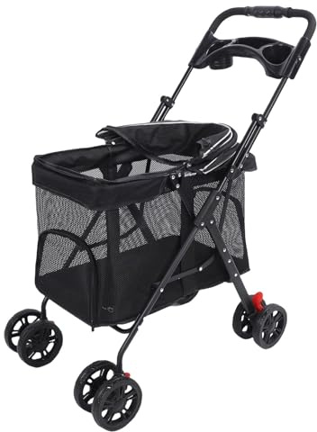 Fabater 4 Haustier Kinderwagen, EIN klick Klicken Welpen Käfig Jogger Kinderwagen Hundewagen mit Sonnenschutz und Tassenhalter für die Reise für Kleine/mittlere Haustiere (Black)