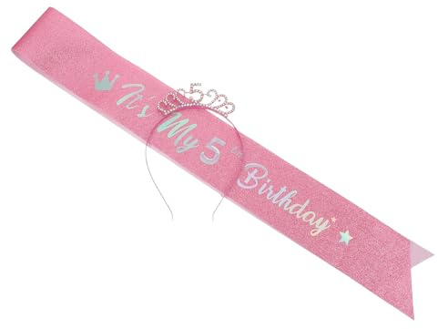 Set de Diadema, Banda y Accesorio para Quinto Cumpleaños de Niña Rosa | Tiara Brillante de Princesa, 1 Juego Completo, para Eventos Festivos y Ratos de Juego