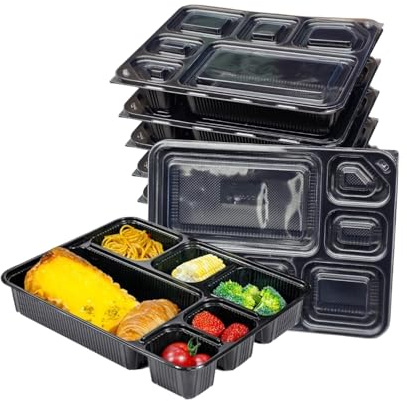 ECONX 20 X 6 Compartment Takeaway Container Meal Prep Containers - Microwavable and Freezer Safe BPA Free PP Plastic Black Lunch Take Away Box Food Storage Box with Lid Bento Takeout Boxes