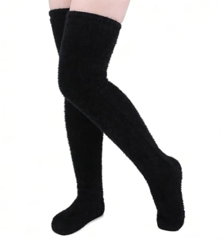 Meanju Chaussettes Overknee En Peluche Moelleuses,Chaussettes Hautes Montantes Femme,Chaussettes Pelucheuses,Jambes Chaussettes Chaussettes Chauffantes,Sommeil Chaudes L'Hiver,Cadeau de Noël (Noir)
