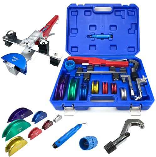 Kit piegatubi, include 7 matrici (1/4-7/8), accessorio per piegatura inversa e tagliatubi, piegatubi 0-90° per tubi in rame, alluminio e acciaio con teste con codice colore