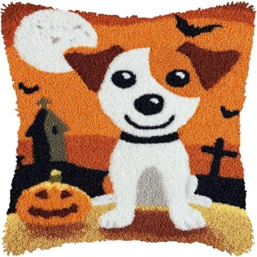 kitphoenix Kit de coussin à crochet DIY pour adulte,motif imprimé d'un adorable Jack Russell d'Halloween au dos,fil à crocheter,crochet et loquet inclus,taie d'oreiller,43x43 cm - 1