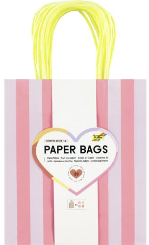 Folia 21826 - Paper Bags Stripes NEON M, 20 Papiertüten aus 110 g/m² FSC-Mix Papier in 4 Farben, ca. 18 x 21 x 8 cm, zum Basteln, Verzieren und Verschenken