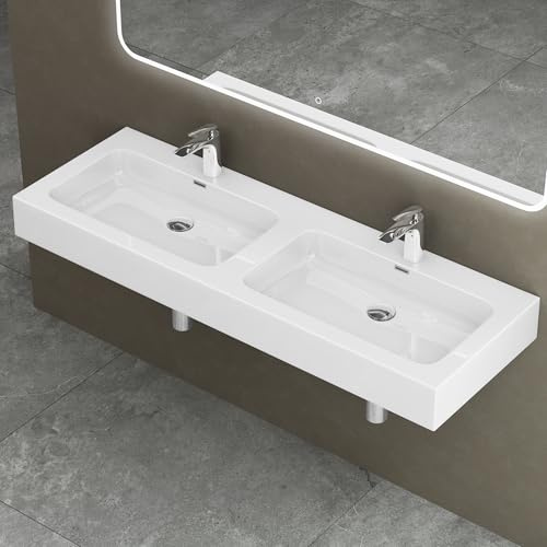 doporro Double Lavabo à Poser Blanc 140cm Vasque pour 2 Lave Mains pour Salle de Bains 140x48x13 Colossum830