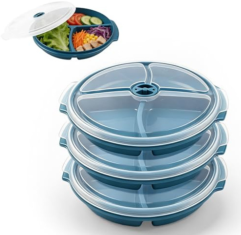 BUERPINKING Mikrowellenteller 3 Stück, Mikrowellen Teller mit 3 Fach Aufteilung Deckel, Teller Bentobox Mikrowellengeschirr 25 x 23 x 4 cm für Aufwärmen Mahlzeiten Getrennt Aufbewahren (Blau)