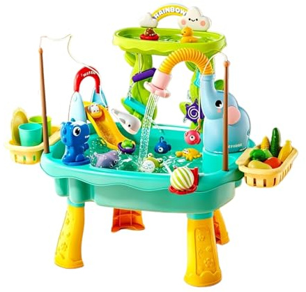 Generisch Tavolo d'acqua per bambini, per esterni, 2 in 1, sabbia e acqua, con pompa di circolazione automatica, gioco di pesca incluso, a partire dai 3 anni, giardino, terrazza, estate (blu)